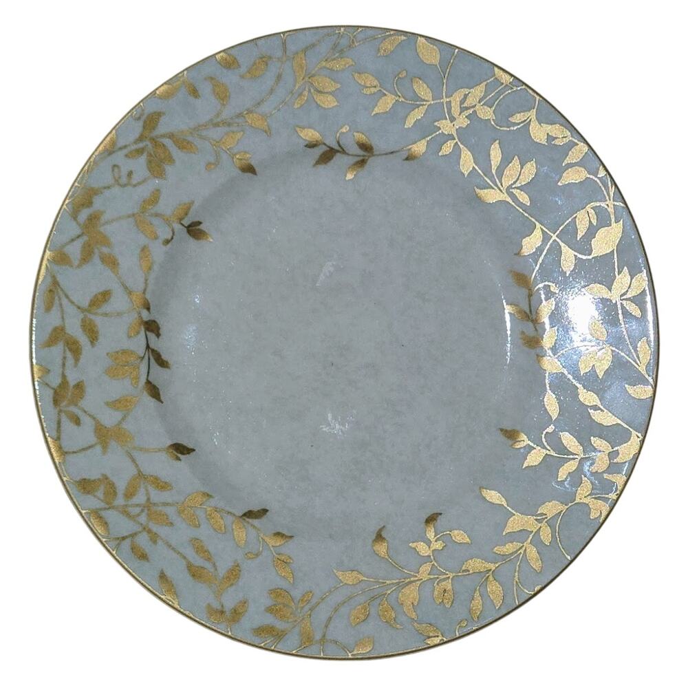 Pier 1 Phoebe Porcelain Salad Plate Light Green Gold Leaf Pattern 9" Round
